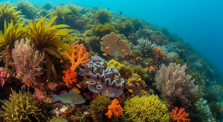 Vibrant underwater ecosystem with diverse corals and marine life creating a rich seascape