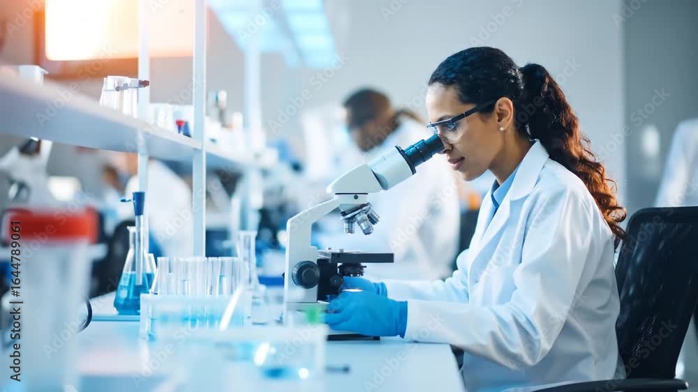 Poster scientist analyzing sample under microscope in modern lab with research and development.