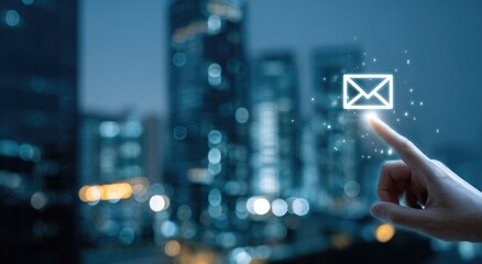 A hand touches a digital email icon over a blurred cityscape