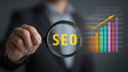 SEO Business Focus: An authoritative figure, viewed from the waist up, examines the letters SEO through a magnifying glass.