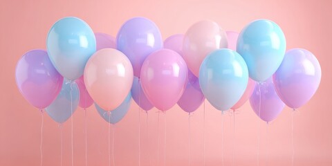 Pastel-colored balloons in a cluster against a soft pink background