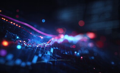 Abstract data visualization with swirling lines and glowing points.  Dynamic, colorful, and energetic display of complex information