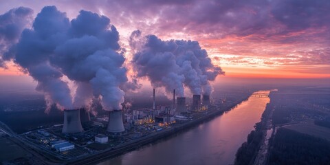 Fototapeta premium Aerial view of a power plant at sunset, emitting plumes of smoke over a river