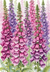 Watercolor foxgloves portrait featuring artistic floral composition with vibrant hues