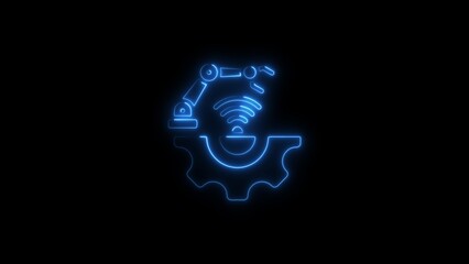 Neon blue industrial automation robot arm with wireless technology on a black background