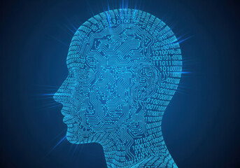 Artificial intelligence brain with circuits and binary code, representing futuristic technology and human mind