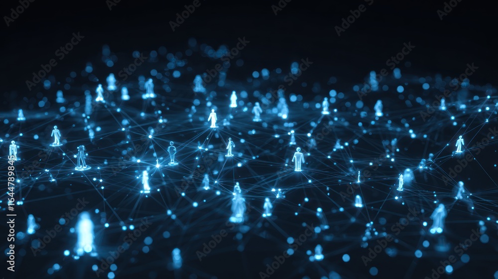 Poster connected universe: a dynamic and interconnected network of glowing digital figures against a dark b