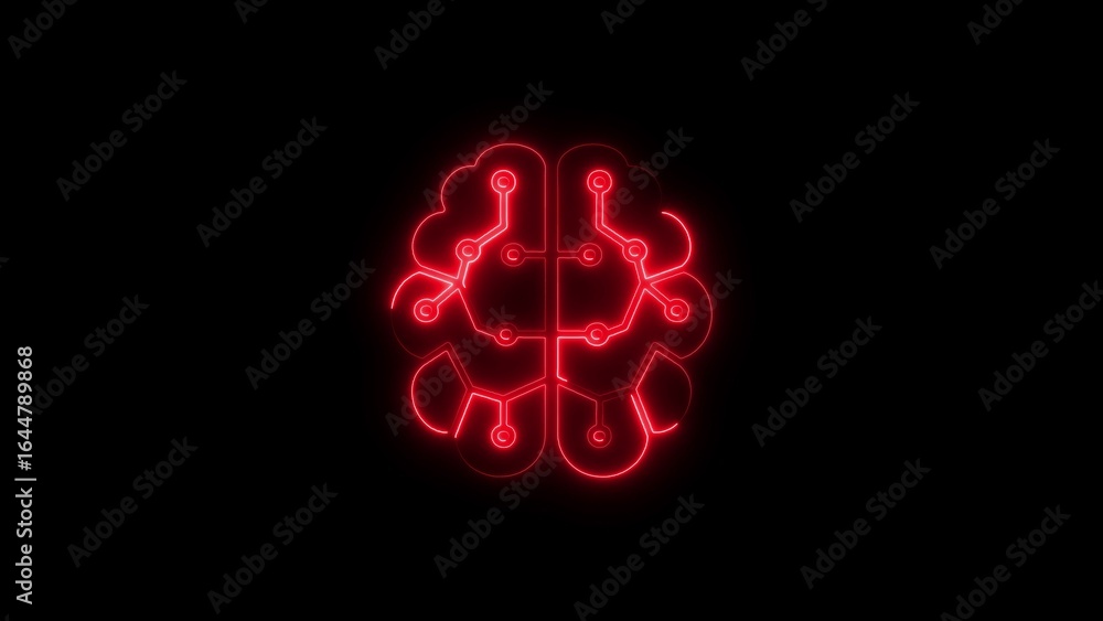 Poster glowing neon brain icon with circuit board design depicting artificial intelligence technology