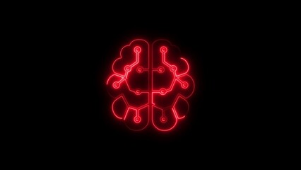 Glowing neon brain icon with circuit board design depicting artificial intelligence technology