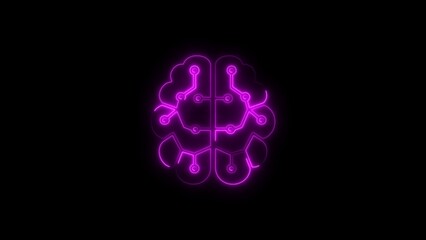 A glowing neon brain icon with circuitry on a solid black background