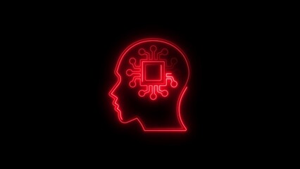 Red neon silhouette of human head with electronic circuitry on a black background