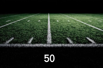 Nighttime football field.  Dark, shadowed view of a football field at night.  Green grass, white markings.  Number 50 visible