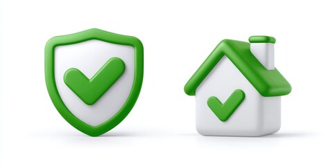 3D icons of a green checkmark shield and house
