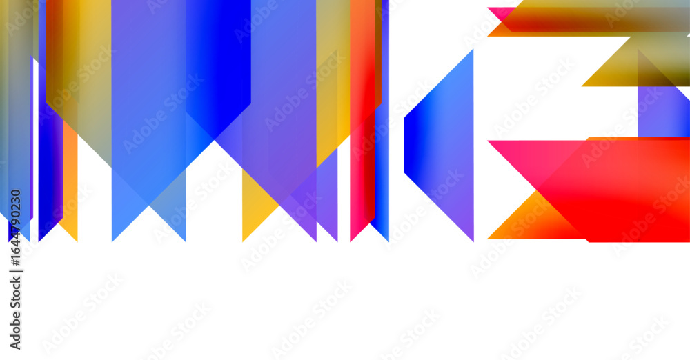 Poster abstract geometric shapes form colorful letters. bright hues blend, creating dynamic visual impact. 