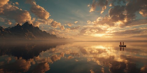 Serene mountain lake at golden sunset, calm water reflecting clouds