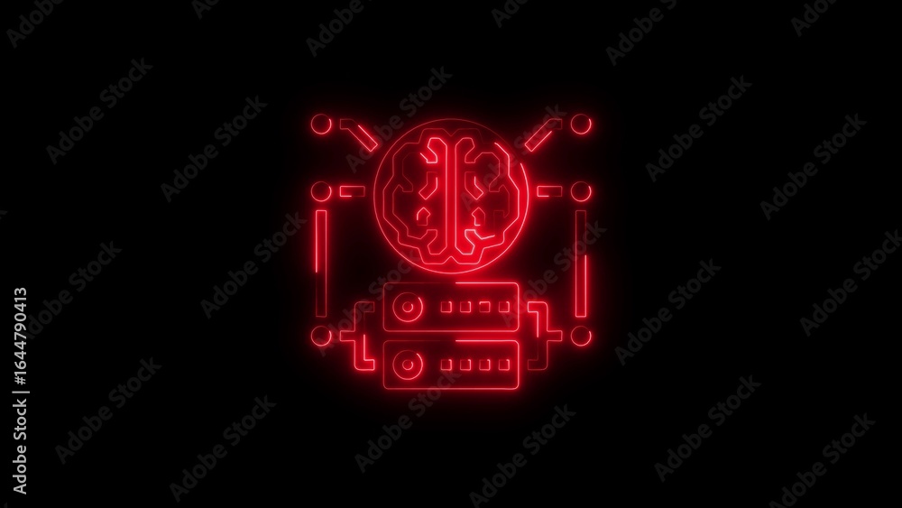 Poster artificial intelligence and data processing concept depicted with glowing neon icons and brain