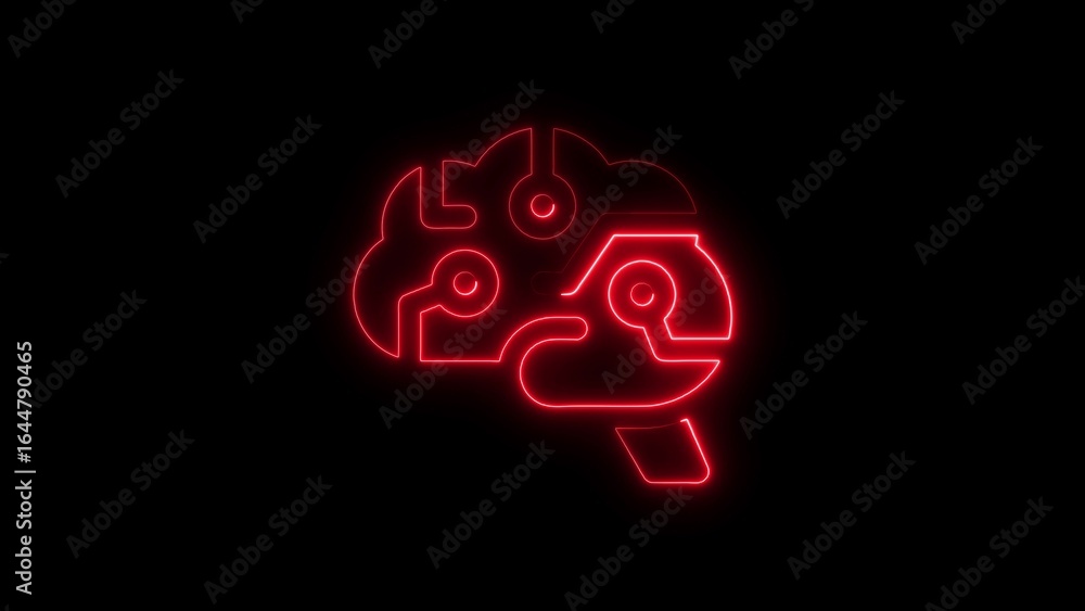 Poster neon red brain icon representing artificial intelligence technology on a black background