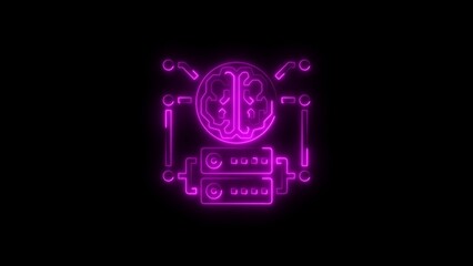 Glowing neon illustration of a brain connected to a server representing ai and data processing
