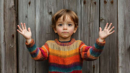 Child wearing a colorful striped sweater, waving.