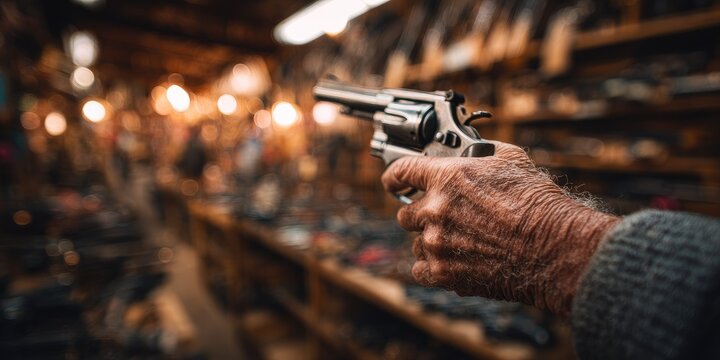Close-up of aged hands holding a revolver in a gun shop