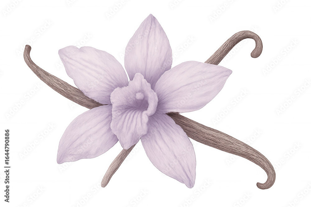Poster isolated vanilla flower and pods on transparent background, forming an elegant and fragrant display