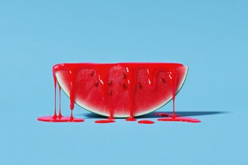 A vibrant, stylized watermelon wedge dripping with red liquid