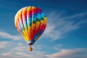 Colorful hot air balloon soaring in a vibrant blue sky dotted with wispy clouds
