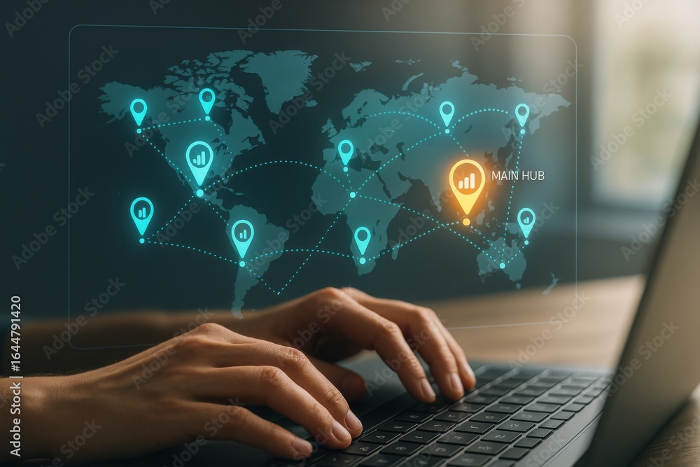 Poster global business network dashboard on laptop with connected location pins and main hub