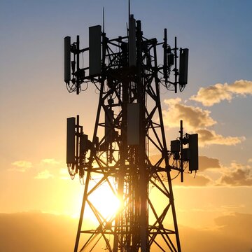Silhouette of a tall cell tower at sunset, sun shining through the structure