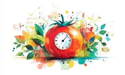 Pomodoro Technique concept, featuring a vibrant red tomato-shaped kitchen timer surrounded by colorful, abstract illustrations symbolizing time management, productivity, Generative AI