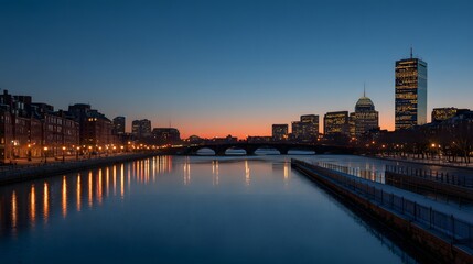 Fototapeta premium Boston skyline at dawn reflecting on the Charles River.