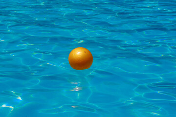 Colorful toy ball, attribute of volleyball game, reflected in blue wavy water. Summer sport in the...