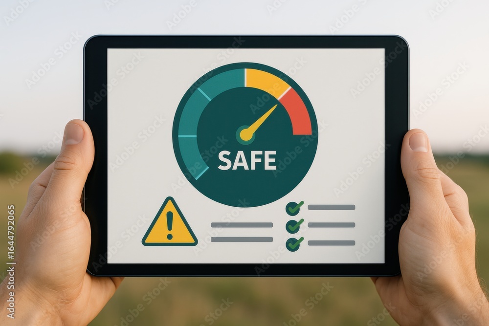 Poster digital safety status dashboard on tablet with speedometer gauge and warning icon