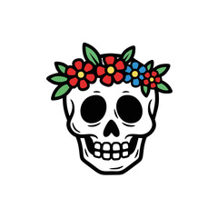 Cute Skull Logo, Playful Skull With Flower Crown, Thick Black Outline, Simple Curves