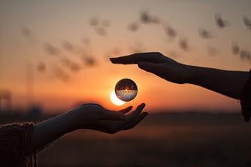 Hands holding crystal ball at sunset