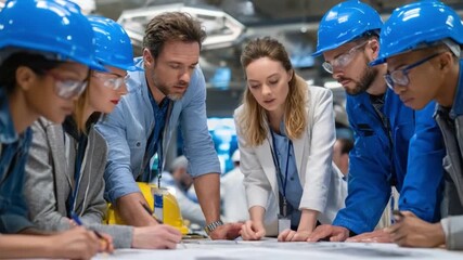 Collaboration in Construction: A team of construction professionals, donned in hard hats and safety glasses, huddle closely around a blueprint. - Powered by Adobe