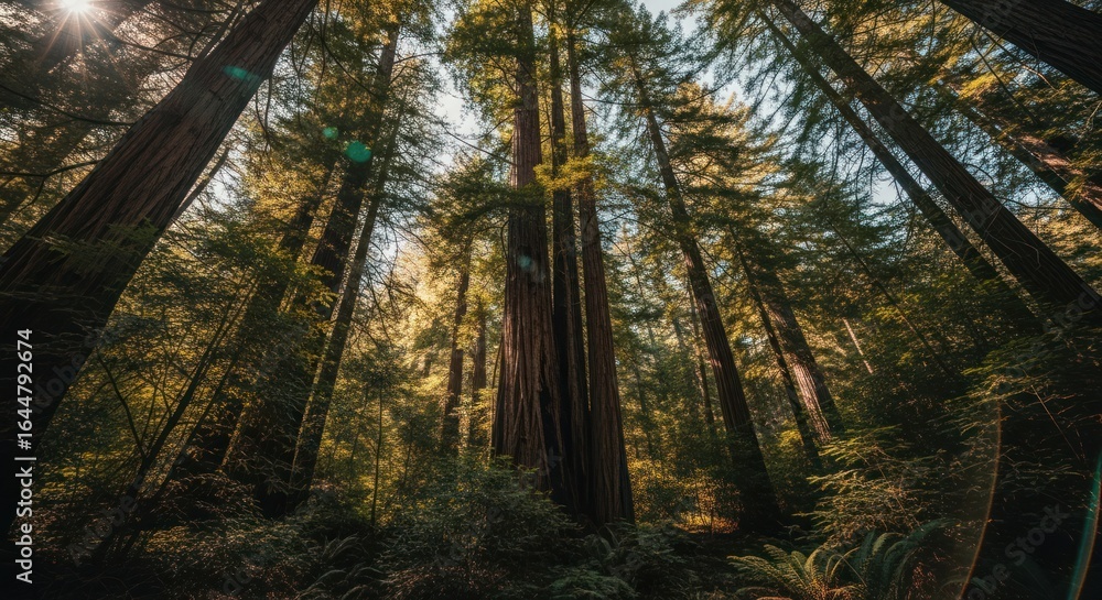 Poster forest view looking upwards at towering redwood trees in soft light