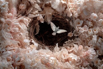 nest created from pastel lace and pine straw, nestled in white rose garden with butterfly flying above, high-contrast detail,
