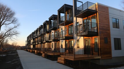 Modern apartment buildings along a paved walkway.