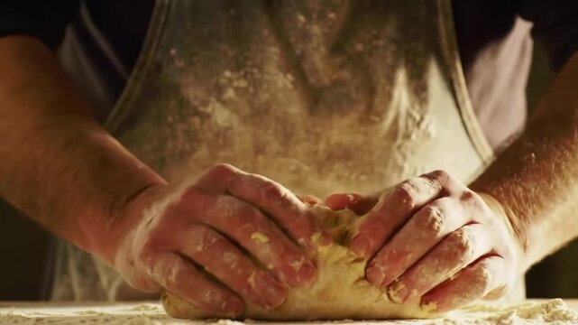 A close-up view captures the meticulous process of hands skillfully kneading fresh dough on a floured countertop, essential for homemade baking and culinary arts.