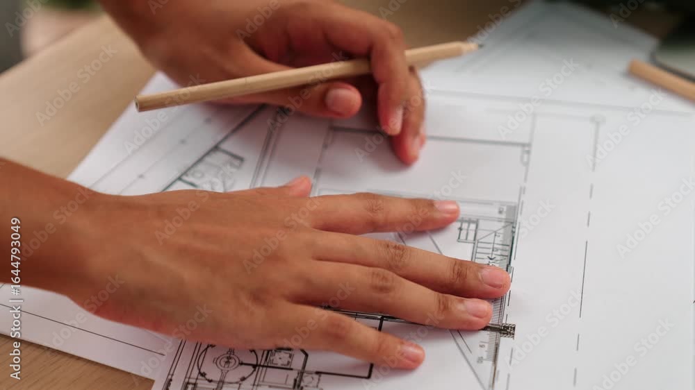 Aufkleber video of clever architect or smart engineer using measurement and writing tool designing a detail on