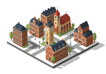 Isometric illustration of a charming European-style town with colorful historic buildings, cobblestone streets, vintage car, and trees, perfect for architecture, tourism, and cityscape concepts