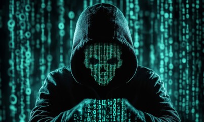 Shadowy figure in a hoodie engaged in cyber espionage, hacking into a secure system to steal confidential data, with a digital interface displaying code and a skull, symbolizing, Generative AI