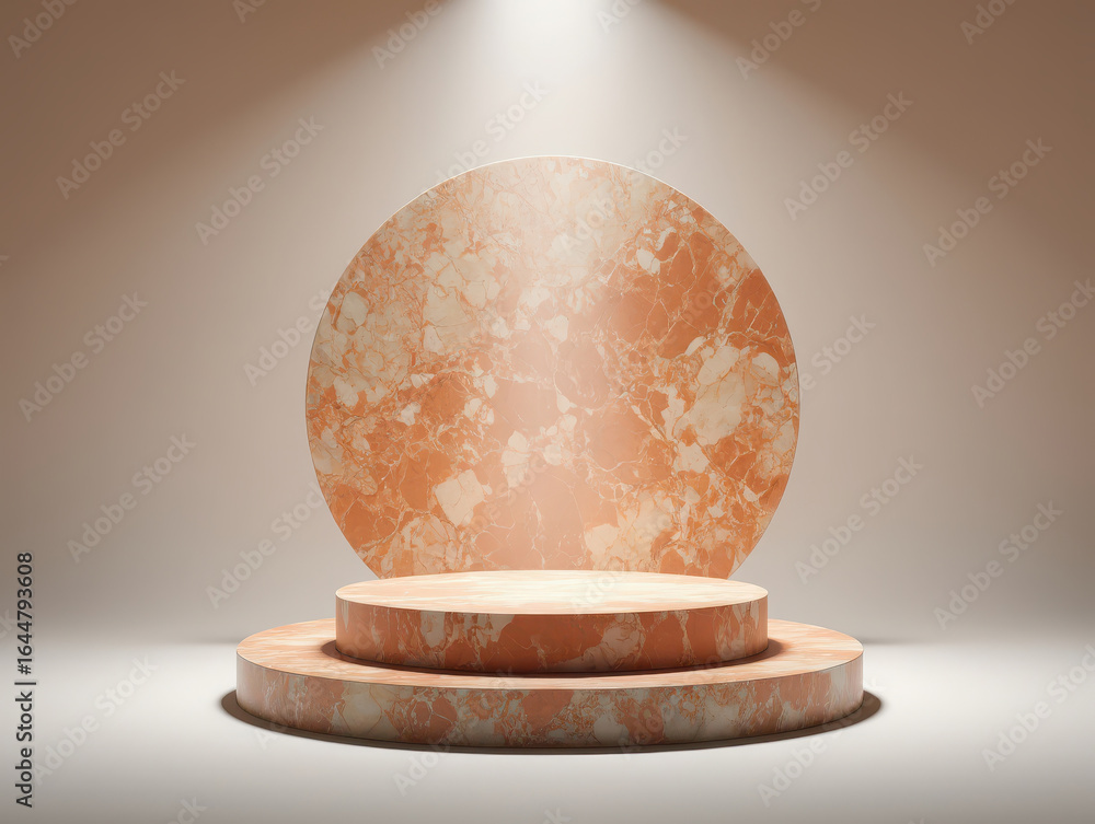 Poster round marble display stages with spotlights and soft lighting in a studio setting