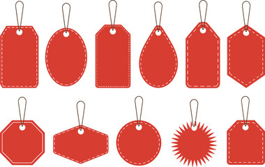 Collection of various red blank tags with metal eyelets on a light grey background