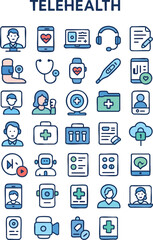 Colored Line Telehealth Icon Collection – Digital Healthcare & Online Medical Services