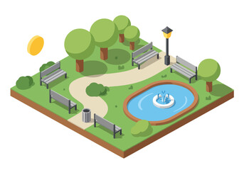 Isometric illustration of a public park with green trees, benches, walking path, pond, flowers, swing set, and street lamp, ideal for nature, recreation, and outdoor leisure concepts