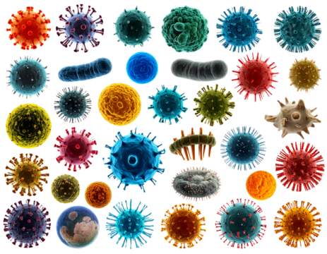 Collection of realistic microbes and virus cells isolated on transparent background PNG