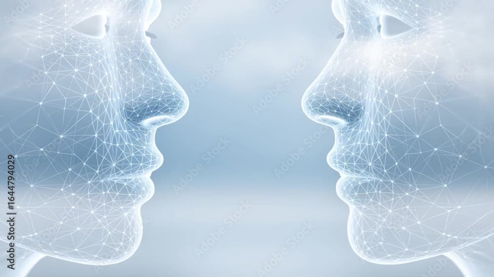 Poster digital face recognition technology connects two human profiles through network lines symbolizing va
