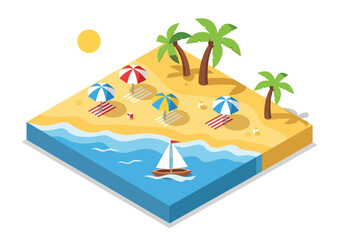 Isometric illustration of a sunny tropical beach with colorful umbrellas, beach towels, palm trees, and a sailboat on the ocean, perfect for summer vacation, travel, and holiday concepts